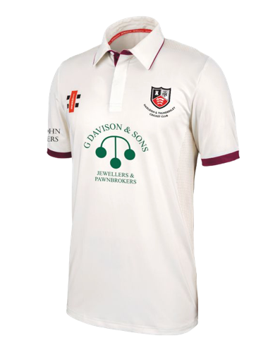 HADLEIGH & THUNDERSLEY CC SENIOR PRO PERFORMANCE SHORT SLEEVE CRICKET SHIRT MAROON TRIM